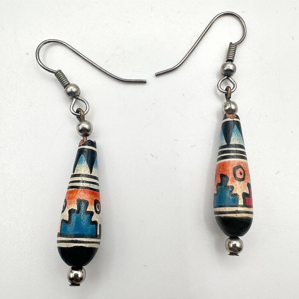 Vintage Y2K Silver Tone Polycrome Wooden Bead Teardrop Earrings Women's Jewelry